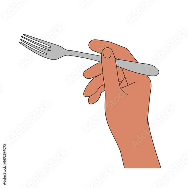 Fototapeta Hand holding a metal fork. Traditional cutlery for eating. Isolated illustration on a white background. Flat style with a line.