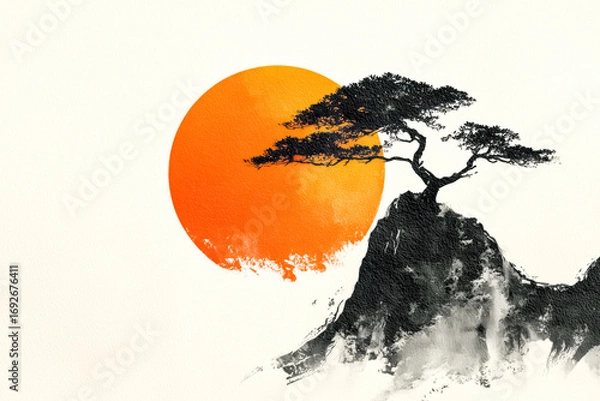 Obraz Ink wash painting of a solitary pine tree on a rocky outcrop aga