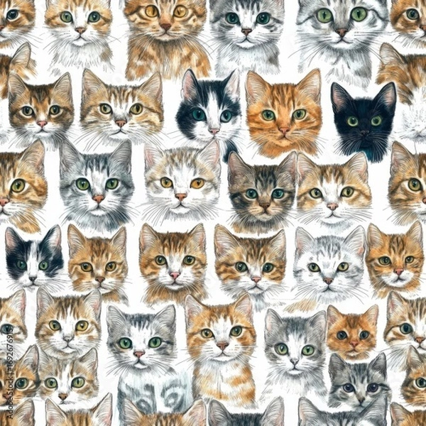 Fototapeta A pattern of cats with different colors and markings