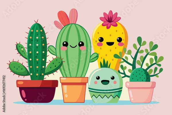 Fototapeta Cute kawaii cacti and succulent plants in pots with happy faces and flowers
