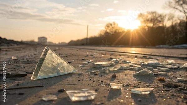 Fototapeta A large triangular shard of broken glass stands upright on the dusty ground, brilliantly reflecting the warm golden sunset light among many scattered fragments.
