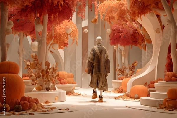 Fototapeta Fashionable figure walking through a surreal autumn forest with paper-textured trees and pumpkins