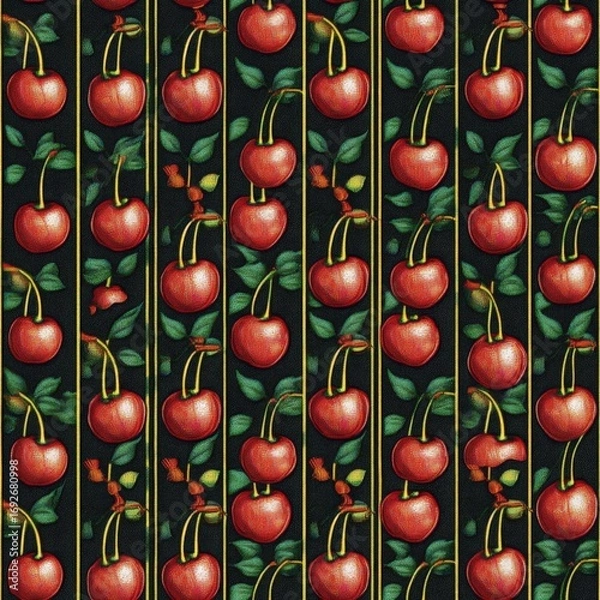 Fototapeta A black and white image of cherries with a gold border