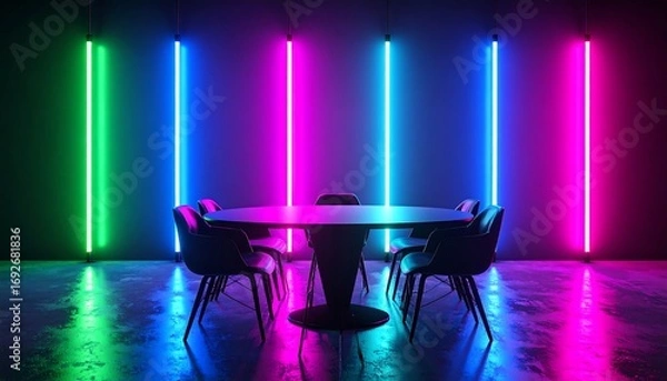 Fototapeta Neon-lit room with round table and chairs