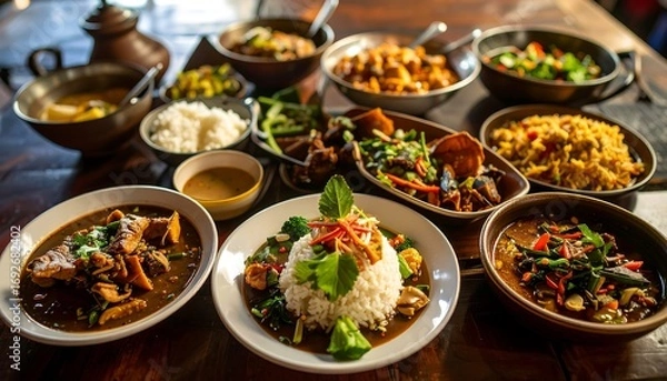 Fototapeta Diverse array of Southeast Asian dishes on a rustic wooden table