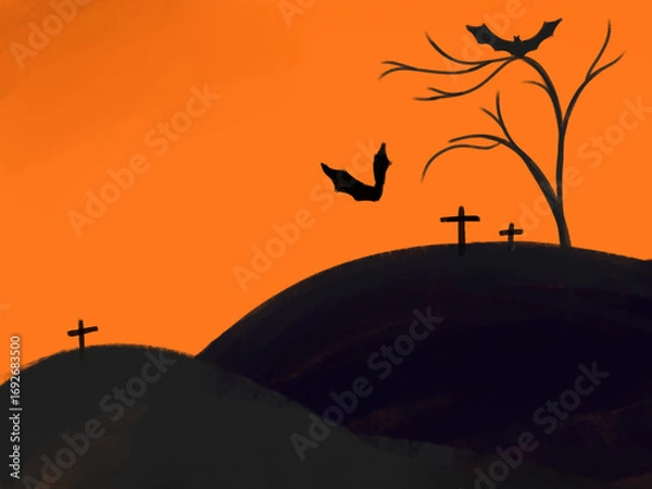Fototapeta halloween background with orange sky and dark tree