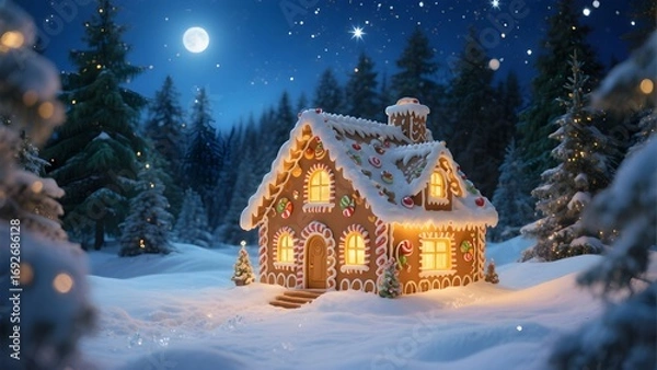 Obraz 눈내린겨울밤의마법같은과자집풍경