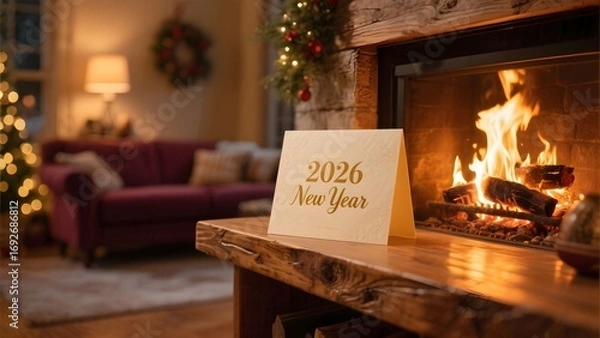 Fototapeta 2026년신년카드와벽난로가있는따뜻한거실