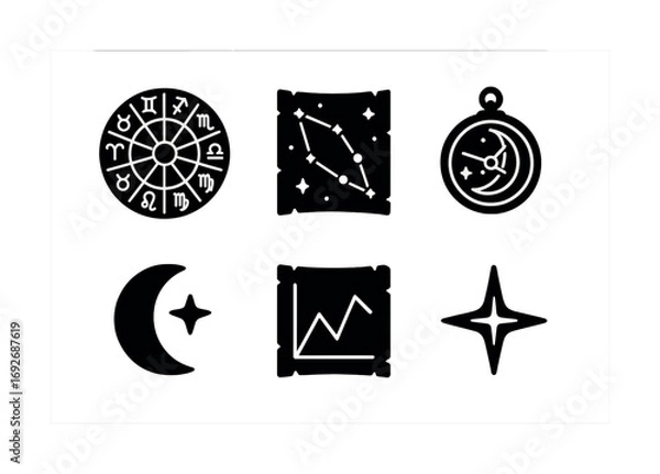 Fototapeta Astrological symbols: zodiac wheel, constellation map, moon phase, crescent, chart, star icon set