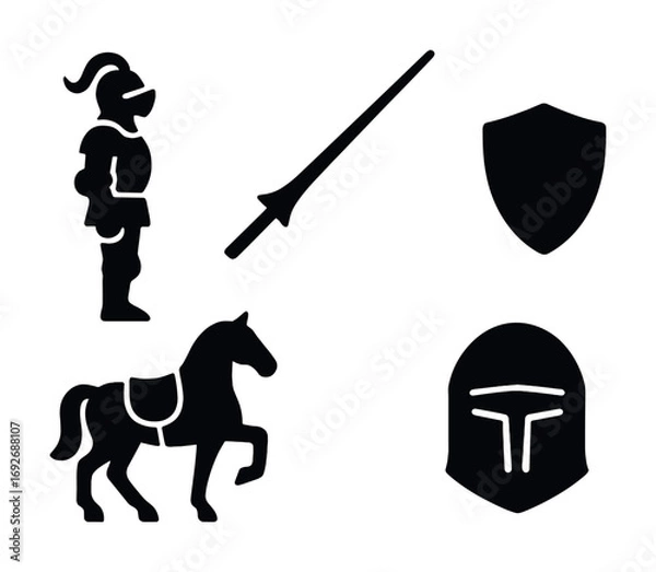 Fototapeta Medieval knight elements with armor, sword, shield, horse, and helmet silhouettes