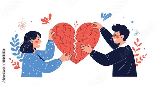 Fototapeta Couple joining two halves of a broken heart symbolizing reconciliation and second chances