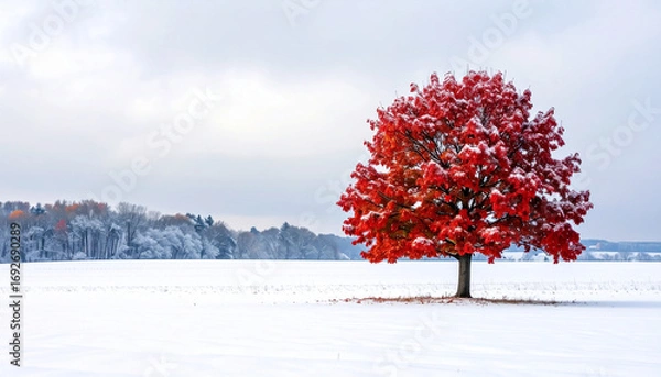 Fototapeta A vibrant red tree stands alone in a snow-covered field under a cloudy sky, winter landscape.