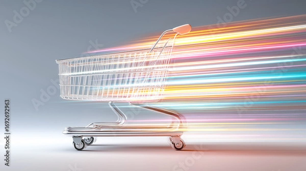 Obraz Metallic Shopping Cart with Abstract Colorful Light Streaks Movi
