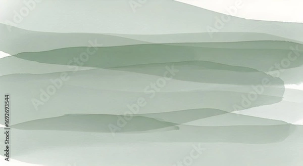 Fototapeta Soft sage green watercolor washes layered abstractly on a white paint brushstroke