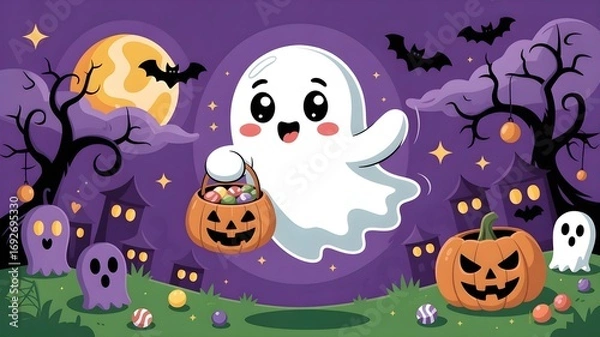 Fototapeta Cute Ghost with Candy Basket on Halloween Night