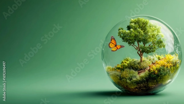 Obraz Monarch butterfly flies near miniature tree inside glass sphere