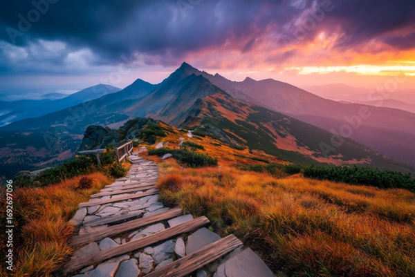 Obraz Mountain path at sunset with dramatic clouds and golden grass su