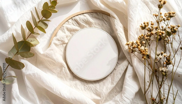 Fototapeta A close-up shot of a white ceramic coaster on a wrinkled fabric with dried flowers and eucalyptus.