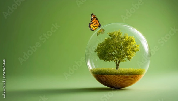 Obraz Orange butterfly lands on glass sphere containing green tree and