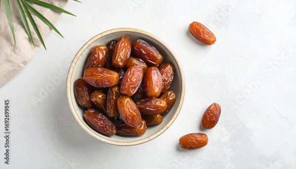 Fototapeta Close-up shot of a bowl filled with delicious, sweet, and ripe dates, ready to eat.