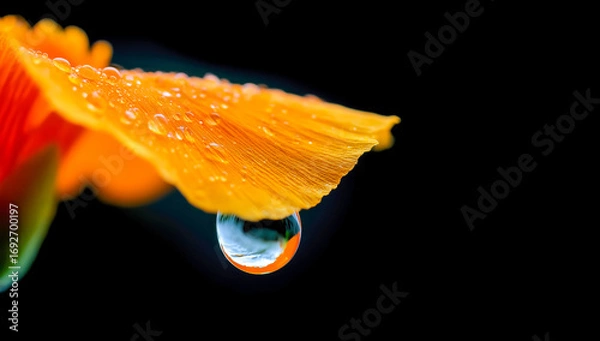 Obraz Orange flower petal with water droplets and reflection in fallin