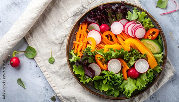 Fototapeta A vibrant and colorful salad bowl featuring fresh vegetables and leafy greens, perfect for a healthy meal.