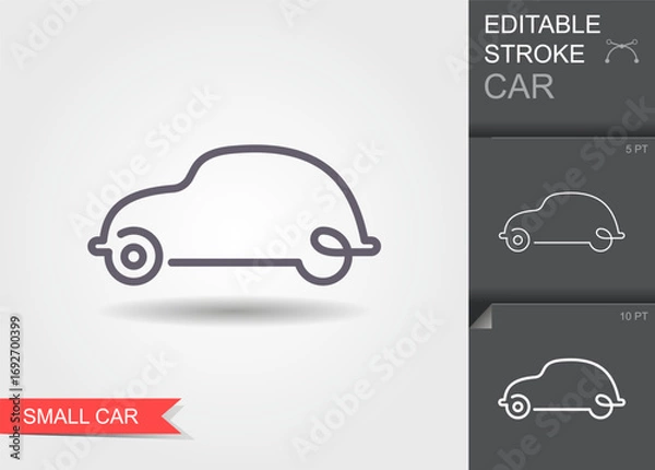 Fototapeta Linear vector illustration of a small city car silhouette with editable stroke, outline style, contour design and soft shadow. Perfect for transport icons, urban mobility concepts, automotive infograp