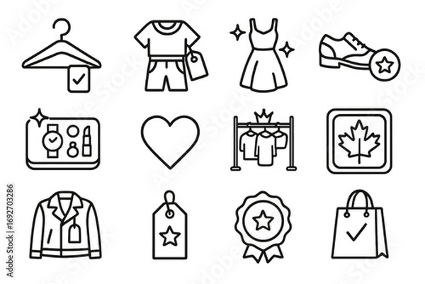 Obraz Fashion Icon Symbols. Line style icons of recommended fashion: hanger with checkmark label, outfit combo with tag, dress with glow