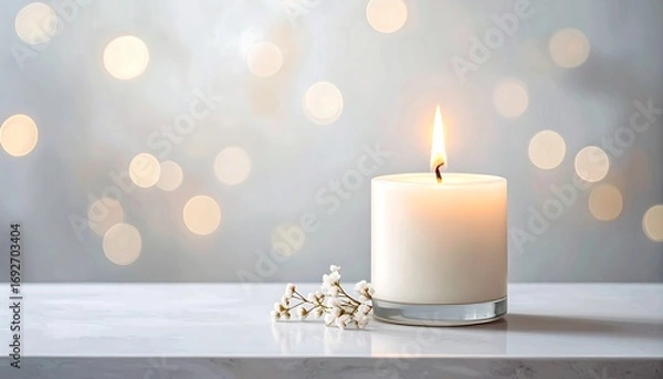 Fototapeta Single candle on a marble surface with soft bokeh