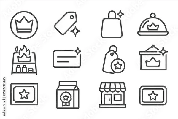 Obraz Top Brand Icons. Line style icons of best brands: logo with crown badge, brand label with glow, product with star tag, top brand