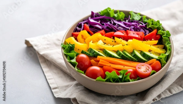 Fototapeta A vibrant and colorful salad bowl filled with fresh vegetables, arranged artistically.