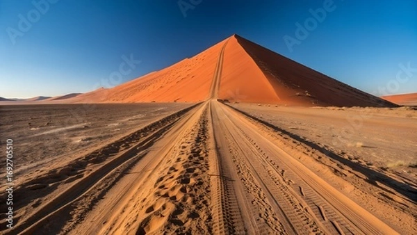 Fototapeta A clear track cuts through the vast desert floor, stretching towards a magnificent orange sand dune reaching for the blue sky.