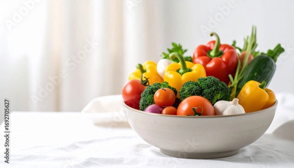 Fototapeta A vibrant bowl overflowing with a colorful assortment of fresh, healthy vegetables, ready to eat.