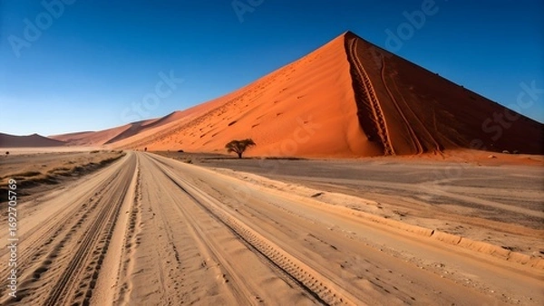 Fototapeta A long dirt road with tire tracks stretches across a vast desert landscape towards a towering red sand dune under a clear blue sky.