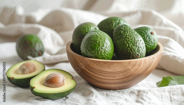 Fototapeta Close-up shot of a wooden bowl filled with fresh green avocados, with two halves in front.