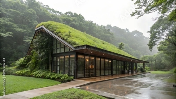 Fototapeta A contemporary building with an expansive green roof perfectly integrates into a dense, natural forest. The wet ground reflects the recent rainfall.