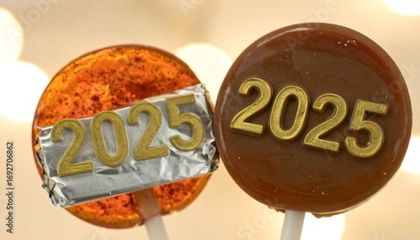 Fototapeta Two caramel lollipops with the year 2025