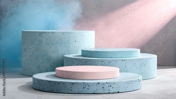 Fototapeta Empty geometric podiums in blue and pink pastel hues form a minimalist product display scene with misty light.