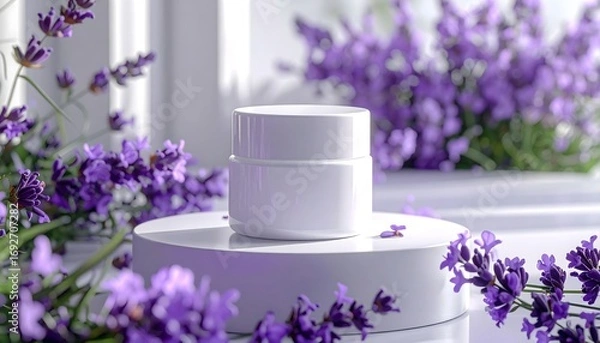 Fototapeta lavender flowers are in the background and a white container on a white table