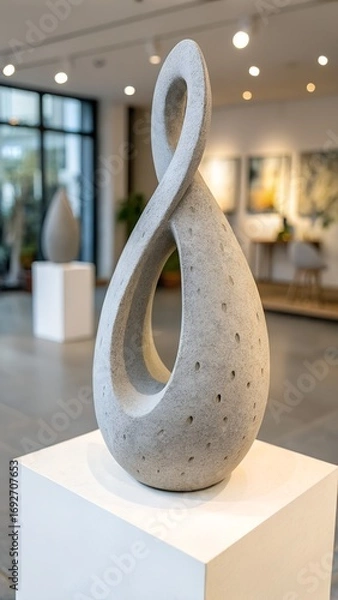 Fototapeta A beautiful abstract stone sculpture with an intricate twisted loop design is gracefully showcased on a white pedestal in an art exhibition.