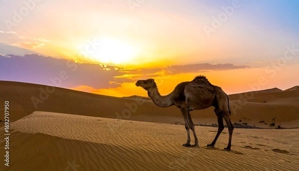 Fototapeta A camel stands in a desert at sunset
