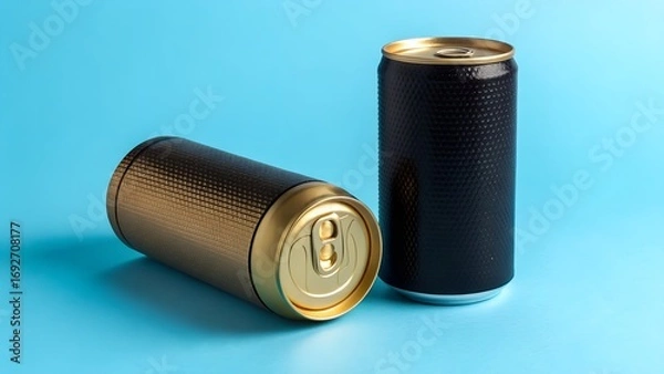 Fototapeta Two black and gold beverage cans are displayed on a simple blue background, with one standing upright and the other lying down.