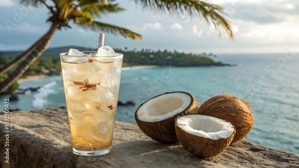 Fototapeta Refreshing iced coconut drink and fresh coconuts on a stone ledge overlook a tropical beach ocean view with a palm tree.