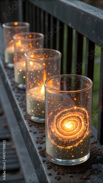 Fototapeta Brightly lit candles in glass jars display sparkling spiral patterns, casting a warm glow on a dark outdoor railing.