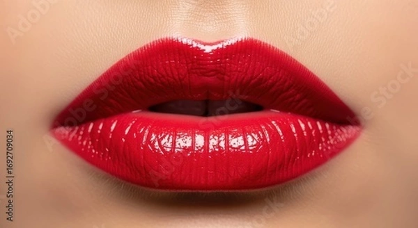 Fototapeta A close-up of a woman's red lips with glossy lipstick.