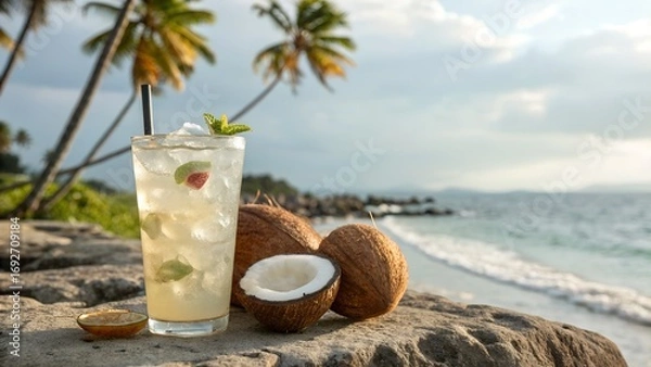 Fototapeta A refreshing tropical cocktail with ice and mint sits on a rock. Coconuts are nearby, overlooking a beautiful beach with the ocean and palm trees.