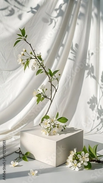 Fototapeta White flowers with green leaves bloom on a branch, artfully placed on a block, casting elegant shadows on the draped white background.