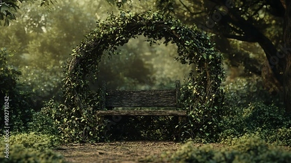 Fototapeta Rustic Wooden Bench Enframed by a Lush, Green Vine Archway in a Serene Forest Setting