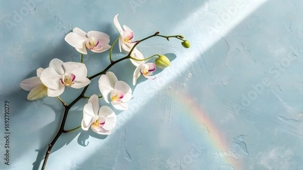 Fototapeta Delicate white orchid blossoms and buds rest on a light blue textured background, illuminated by sunlight casting shadows and a soft rainbow effect.
