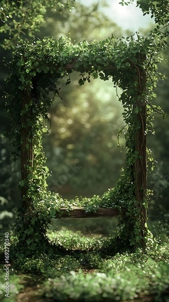 Fototapeta Rustic Wooden Frame with Green Vines in Forest, Natural Light, Serene, Outdoors